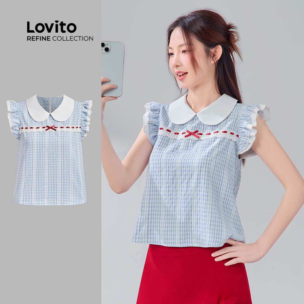 (New) (Lovito Refine) Blusa Fofa Colorblock de Renda Primavera/verão Blusa Azul para Mulheres LR18E074 em Oferta na Shopee