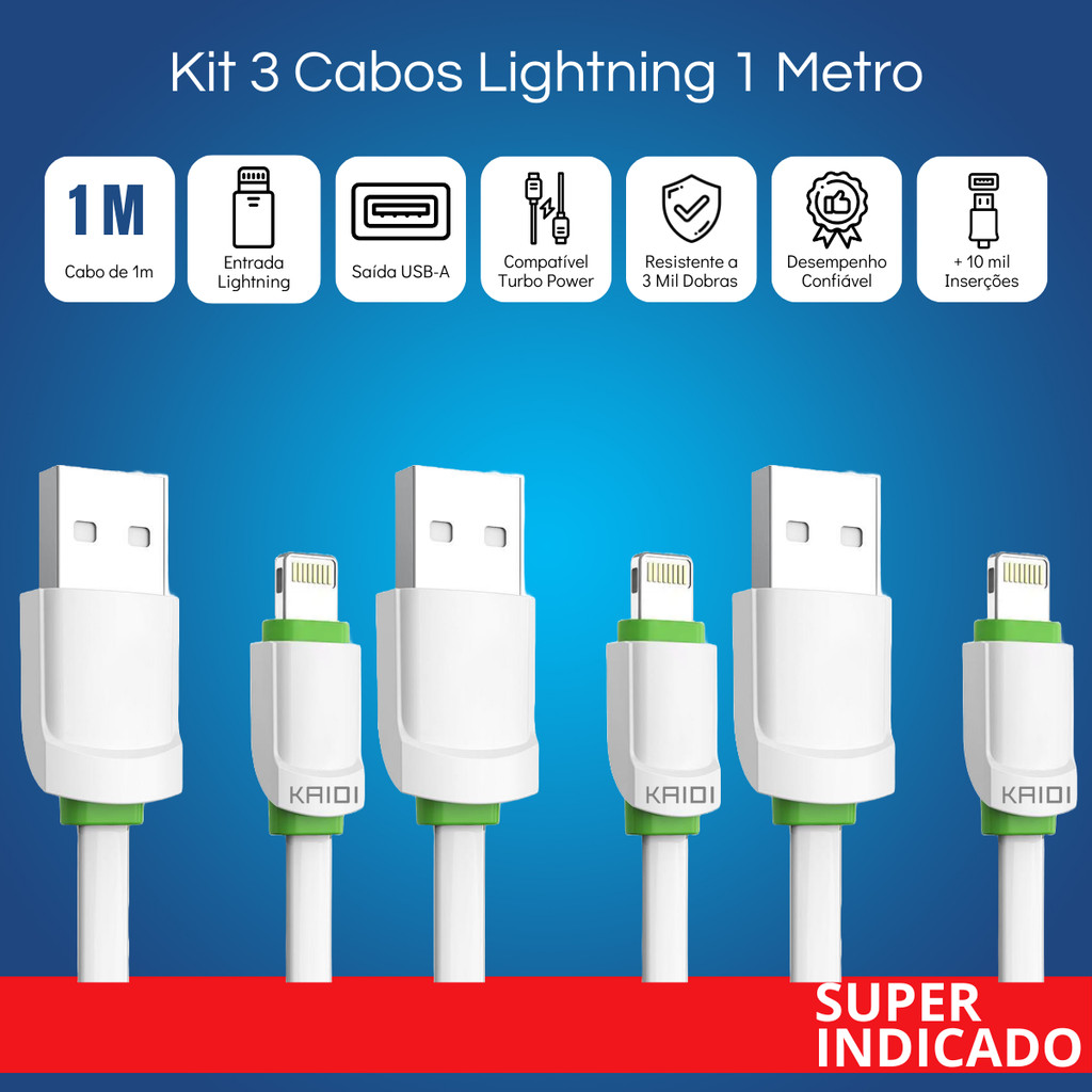 Kit 3 Cabos USB Lightning Rapido Turbo Power Kaidi 1 Metro para iphone Branco KD-306