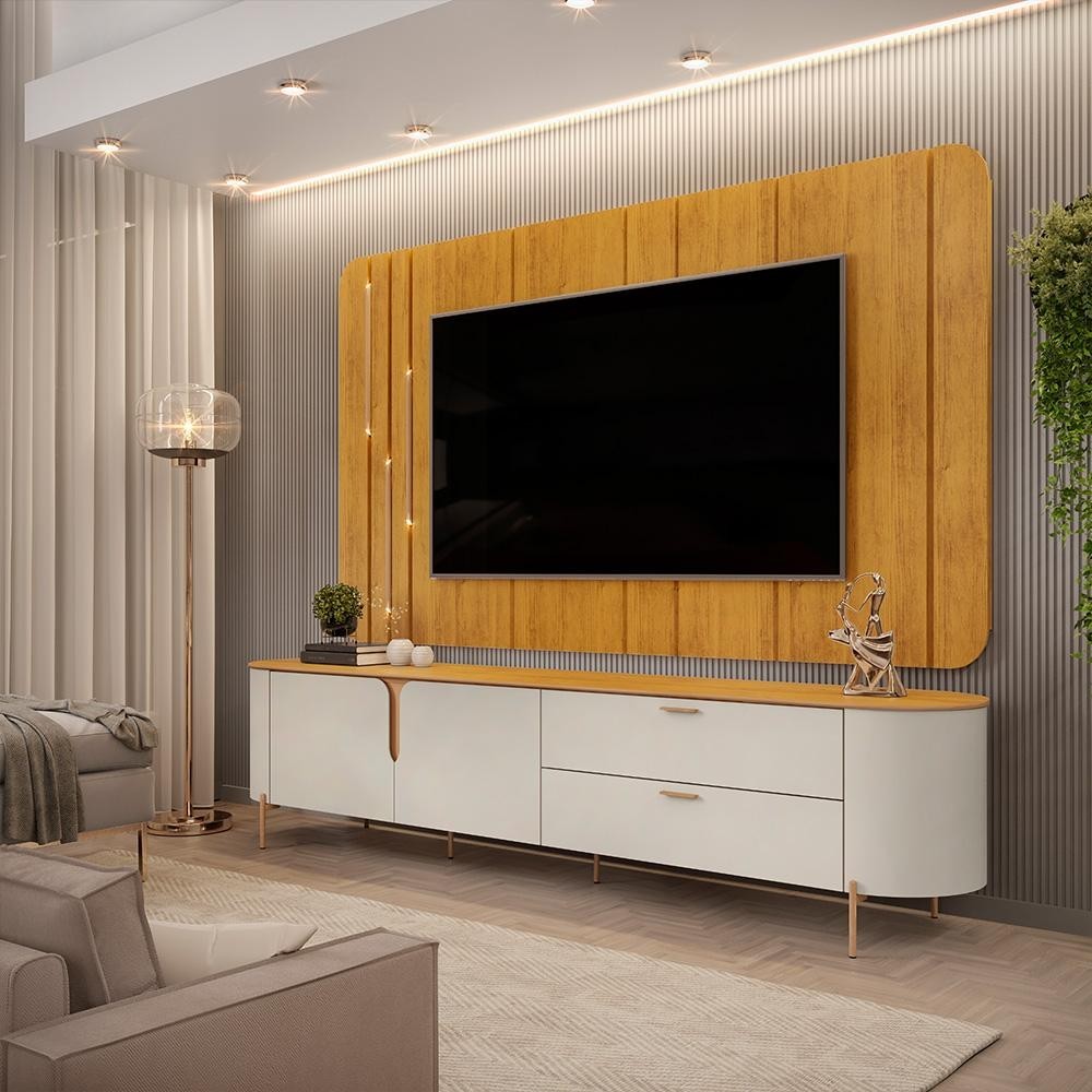 Painel com Bancada 241cm Avatar para TV Até 75 com LED e Detalhes Dourados Mel/Off White G18 - Gran