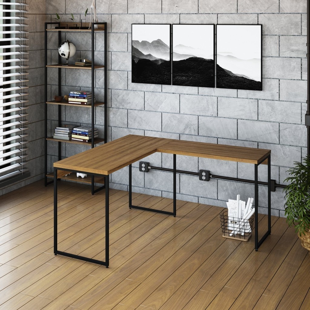 Escrivaninha Mesa Escritório L Estilo Industrial 135x140cm Dynamica Yescasa Lamina Mel / Preto em Oferta na Shopee