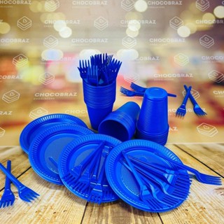 Kit Festa 50 PESSOAS DESCARTAVEIS AZUL GARFO + PRATO + COPO em Oferta na Shopee