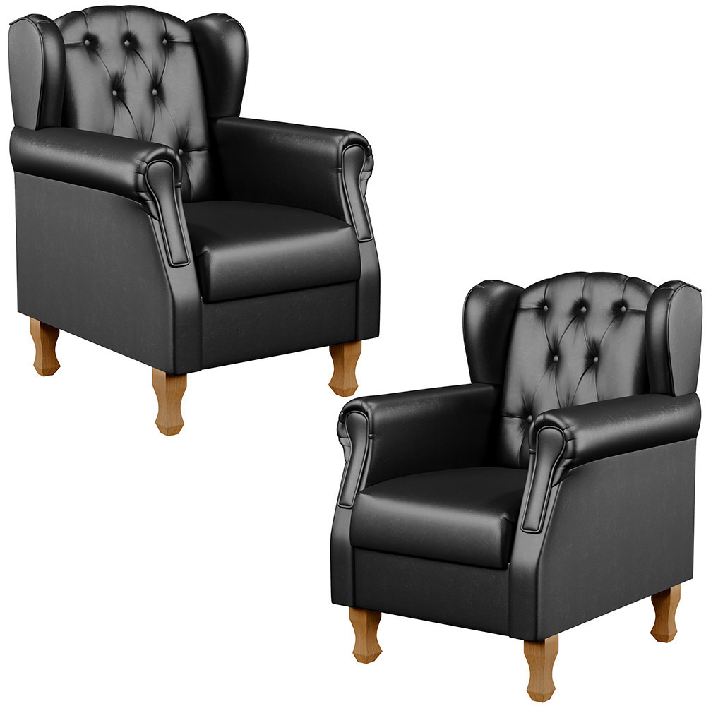 Kit 02 Poltronas Decorativa Para Sala De Estar Yara P02 Couríssimo Preto Brilho - Lyam Decor