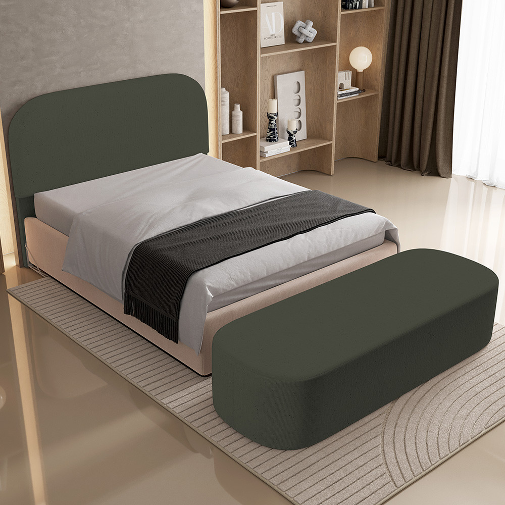 Cabeceira Cama Box Casal 140cm Lanna com Puff Recamier Doha W01  Linho Verde Musgo - Lyam Decor