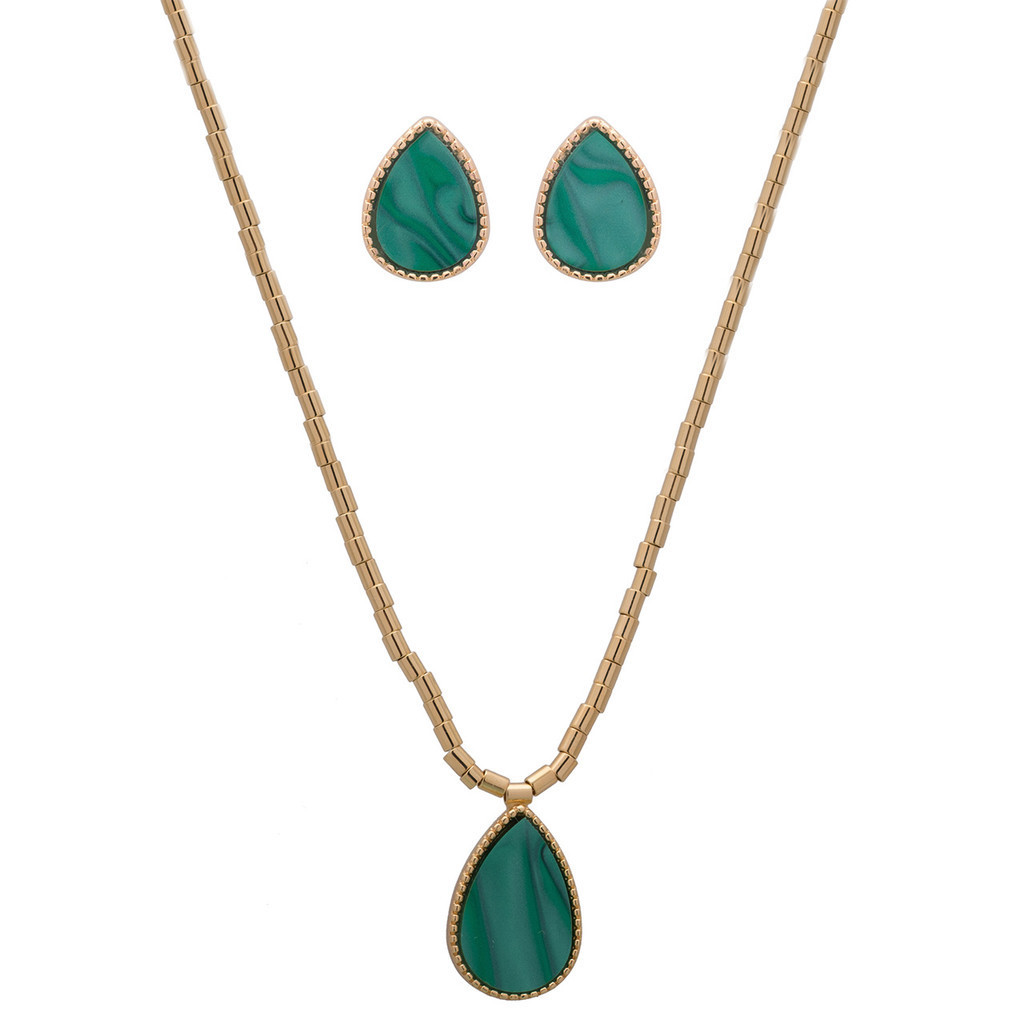 Conjunto Choker + Brinco Gota Verde Banhada a Ouro 18K Canutilho Curto