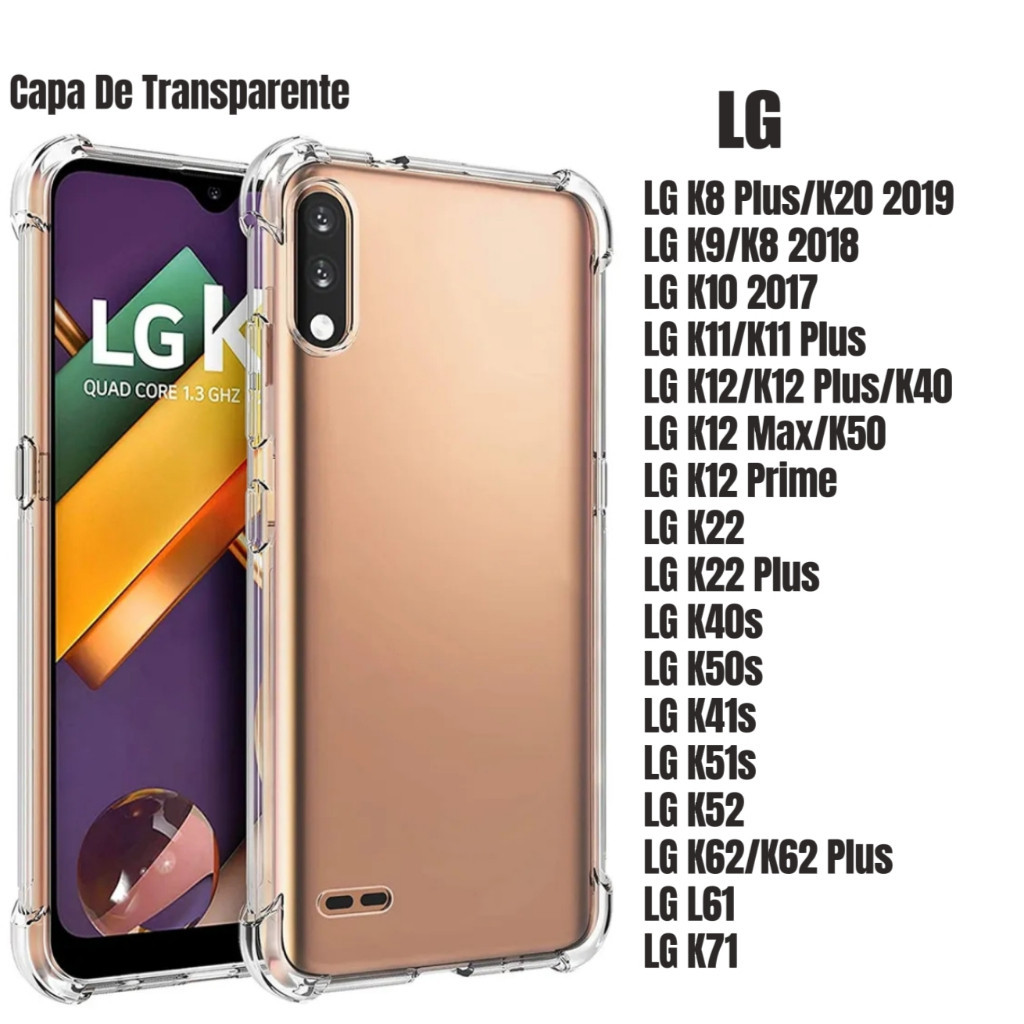 Capa Capinha Transparente Anti Impacto TPU Para LG K8 K9 K11 K12 K22 K40s K41/ K41s K51/ K51s K61 K71 K52 K62 Plus Power MAX Prime