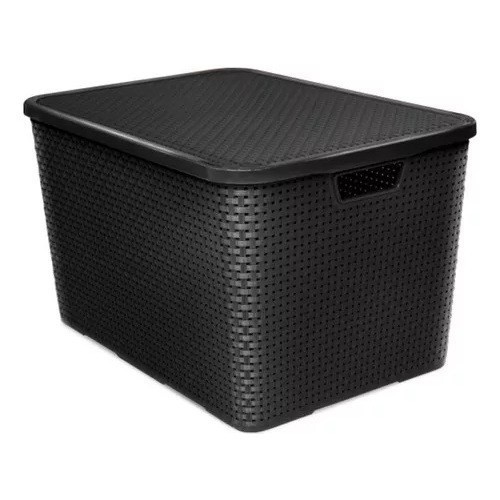 Cesto Organizador Rattan 40 Litros Preta Caixa Organizadora com Tampa Resistente Organizador de Guarda Roupa, Roupa Suja, brinquedos