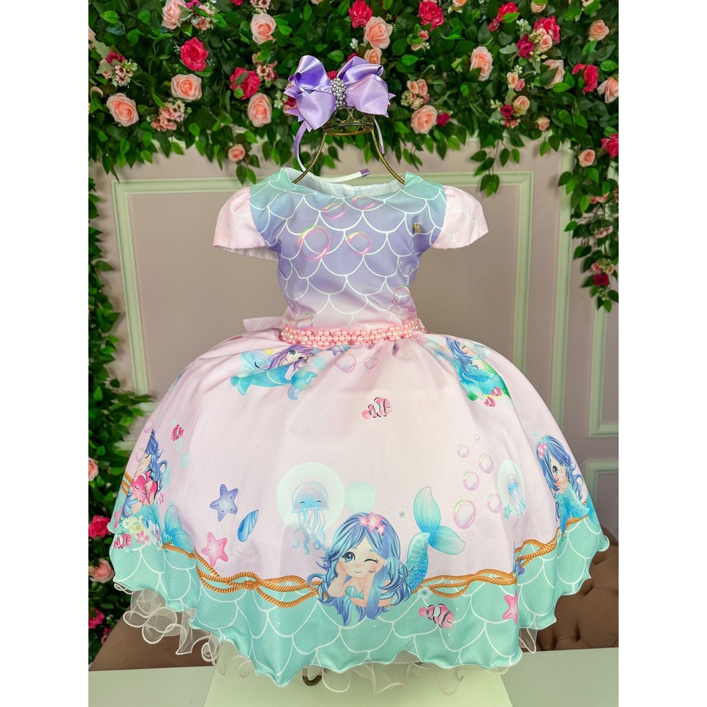 Vestido Infantil Temático Kids Sereia Fundo do Mar Infantil Juvenil Festa Casual Menina Dia a Dia Feminino Verão Elegante Aniversário Confortável Delicado Fofo Rodado Moderno Princesa Luxo Sofisticado