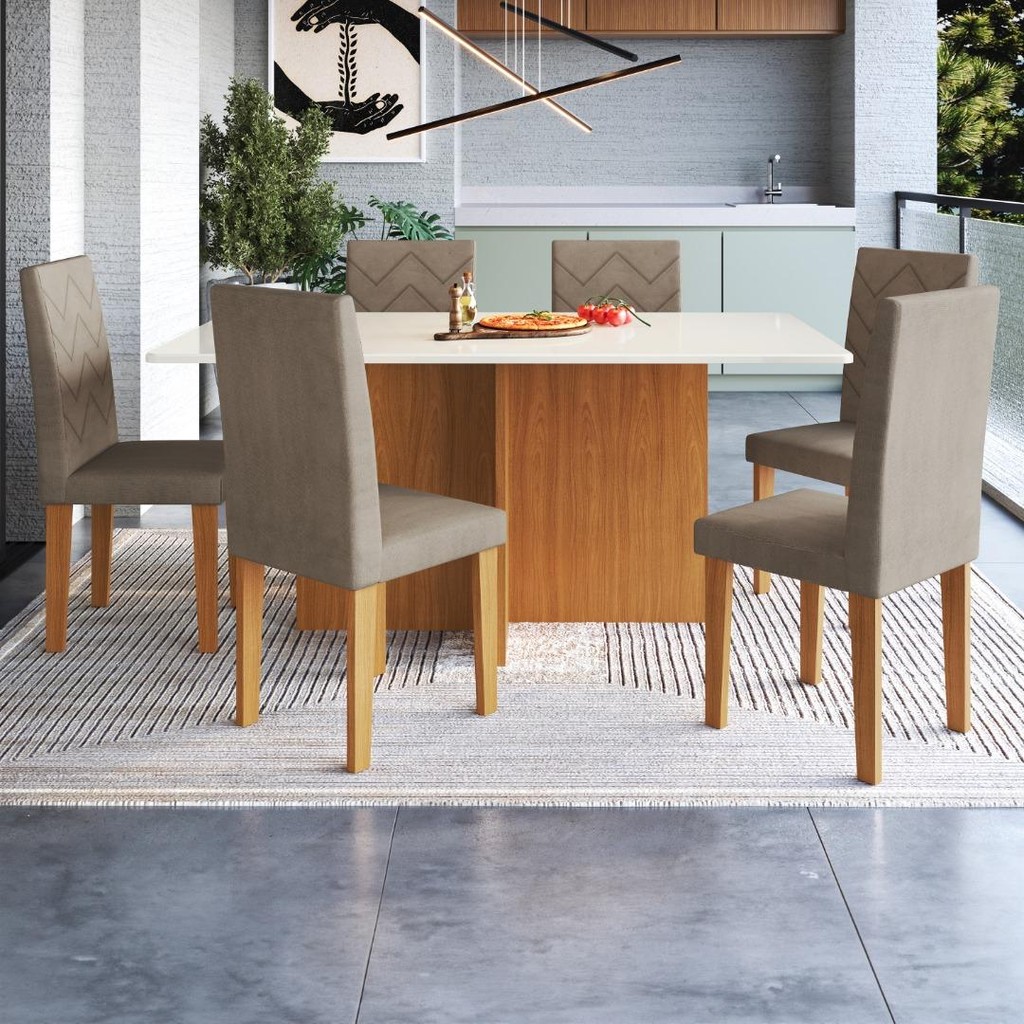 Conjunto Sala De Jantar Fidelitá Itália 170cm Com 6 Cadeiras Freijó/Off-White Assento Cacau - Home & Living