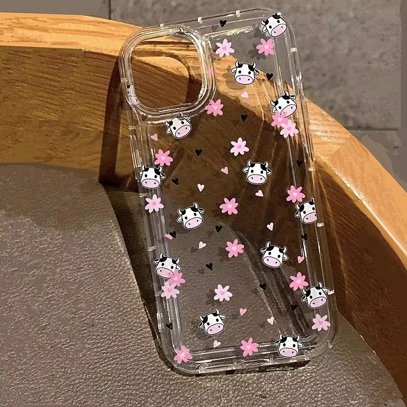 Capa De Silicone Transparente À Prova De Choque Para Telefone Samsung S23 S24 Ultra S23 FE S22 S21 Plus A35 A15 A55 A54 A53 A52 A32 A13 A34 A51 4G 5G Flores De Desenho Animado Fofo De Vaca
