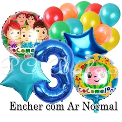Kit 13 Balão Metalizado 2 COCOMELON 8 Bexiga (2 AZUL 2 VERMELHO 2 VERDE 2 AMARELO) N° 70cm 2 Estrela