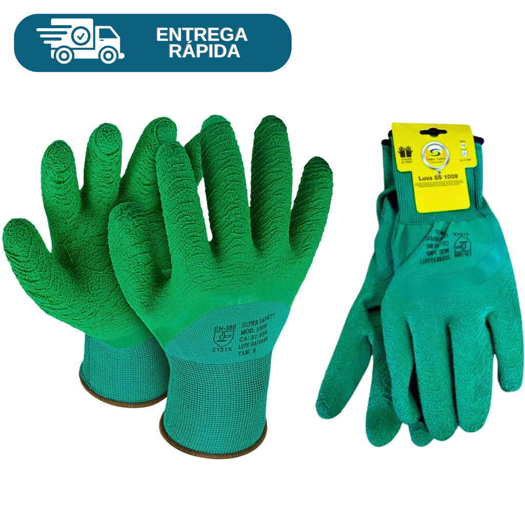 Luva Revestida Látex Corrugado Verde SS 1009 Banhada Coleta Jardinagem Reciclagem Pedreiro Epi em Oferta na Shopee
