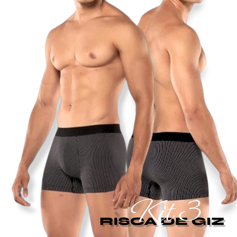 Kit 3 Cueca Box Risca de Giz de Microfibra Poliamida Masculino Kit Cuecas Adulto