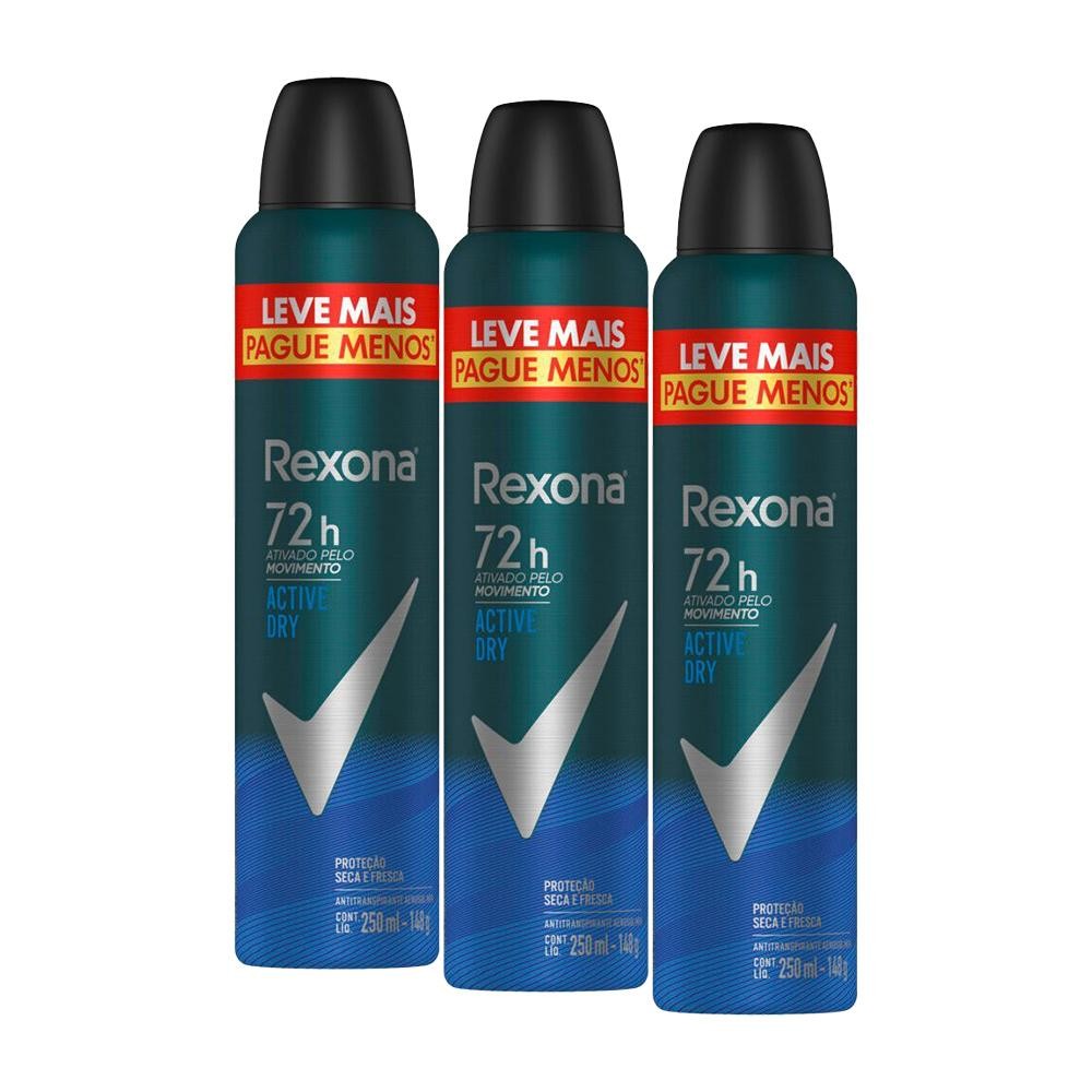 Kit 3 Desodorantes Antitranspirante Aerosol Rexona Men Active Dry 72 horas 250ml em Oferta na Shopee