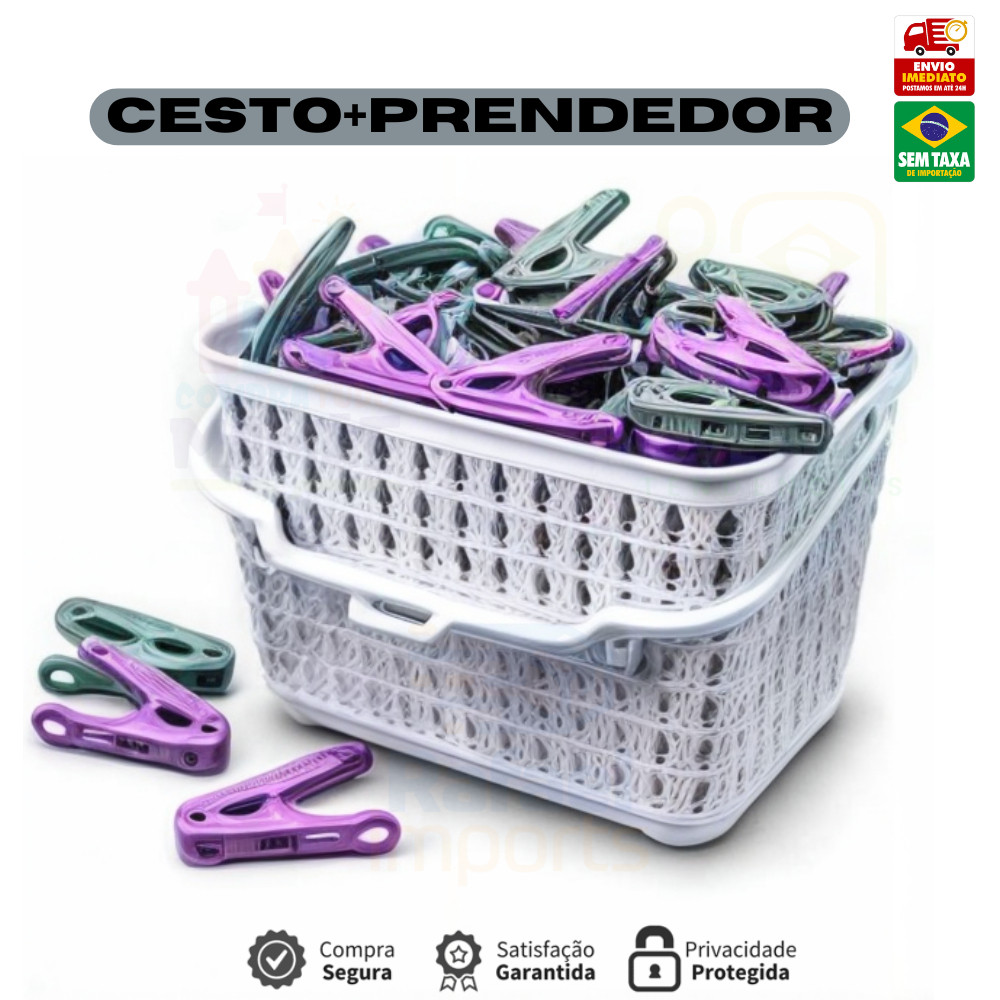 Cesto Com Alça + kit 48 prendedores pregador Organiza Prendedor de Roupas Lavanderia - Lig...