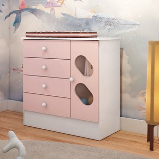 Cômoda Infantil 1 Porta e 4 Gavetas Tic Tac Espresso Móveis Branco/Rosa em Oferta na Shopee
