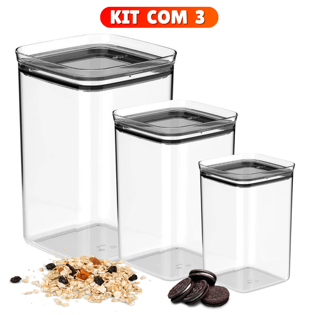 Conjunto de Potes Herméticos em Acrílico Cristal com Trava e Design Empilhável Organizador para Mantimentos Vedação