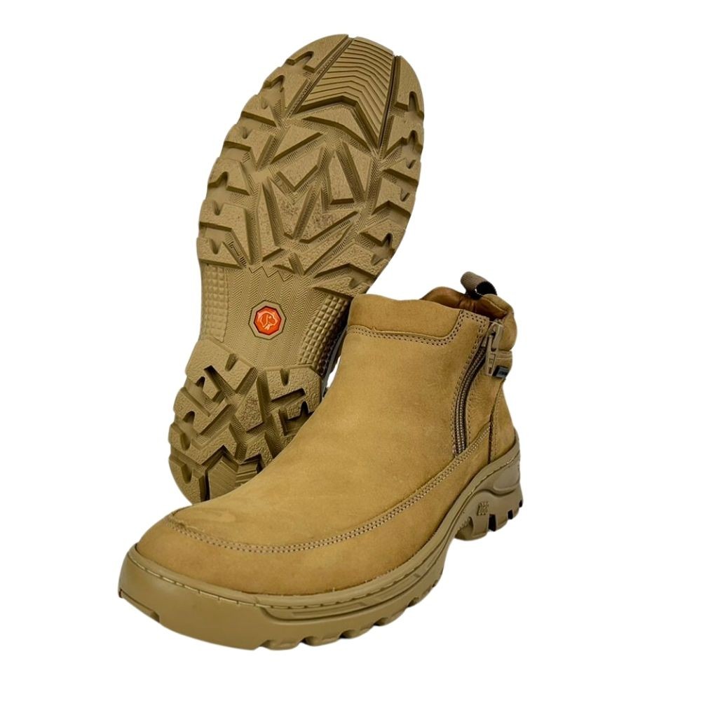 Coturno Masculino Anatômic Gel Couro Nobuck Camel Pesponto Kaki Com 2 Zíper Sola 360 Confortável