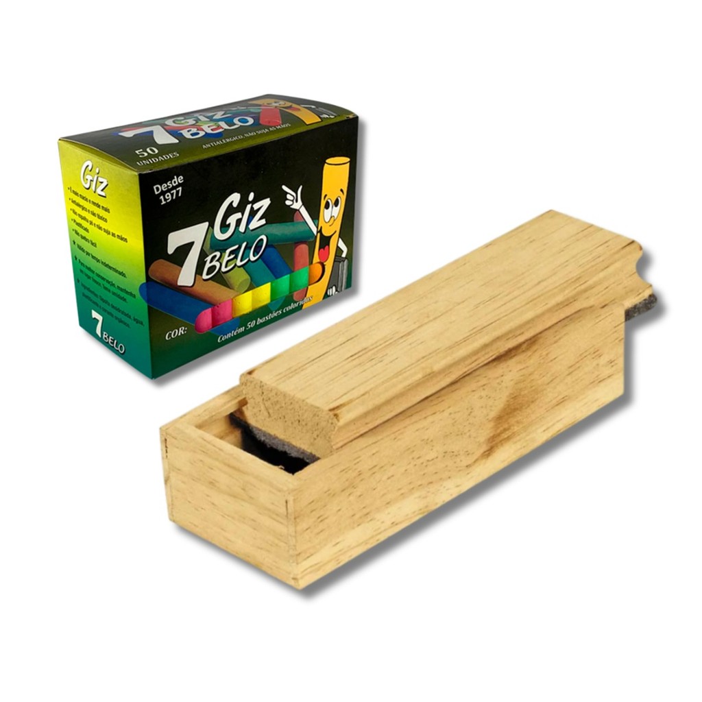 1 Caixa de Giz Colorido Para Lousa + Apagador Com Suporte 