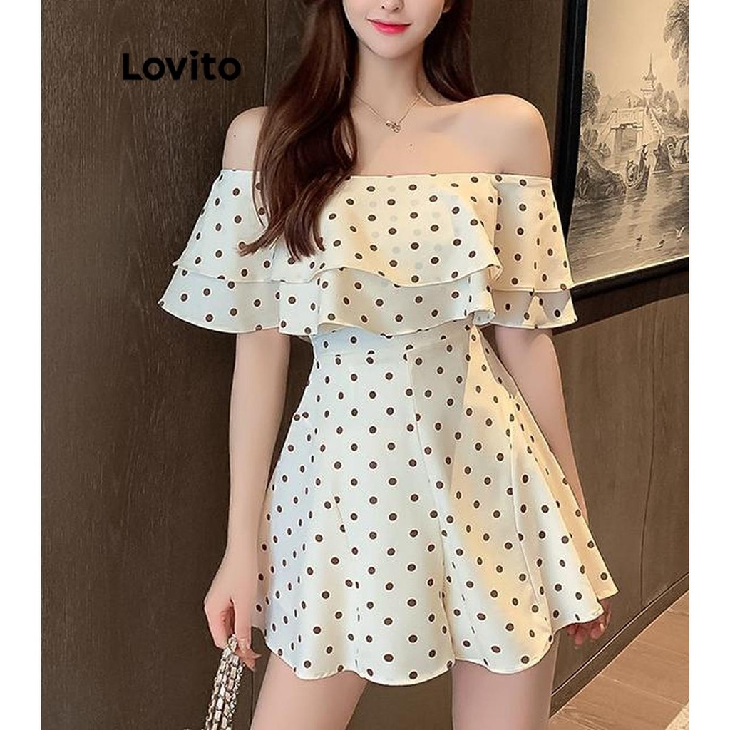 Lovito Elegante Macacão Feminino de Bolinhas Drapeado com Babados LNA50284