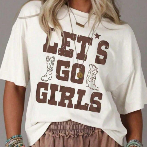 Camiseta Algodão Feminina Country Casual Lets Go Girls Confortável Tendência Verão