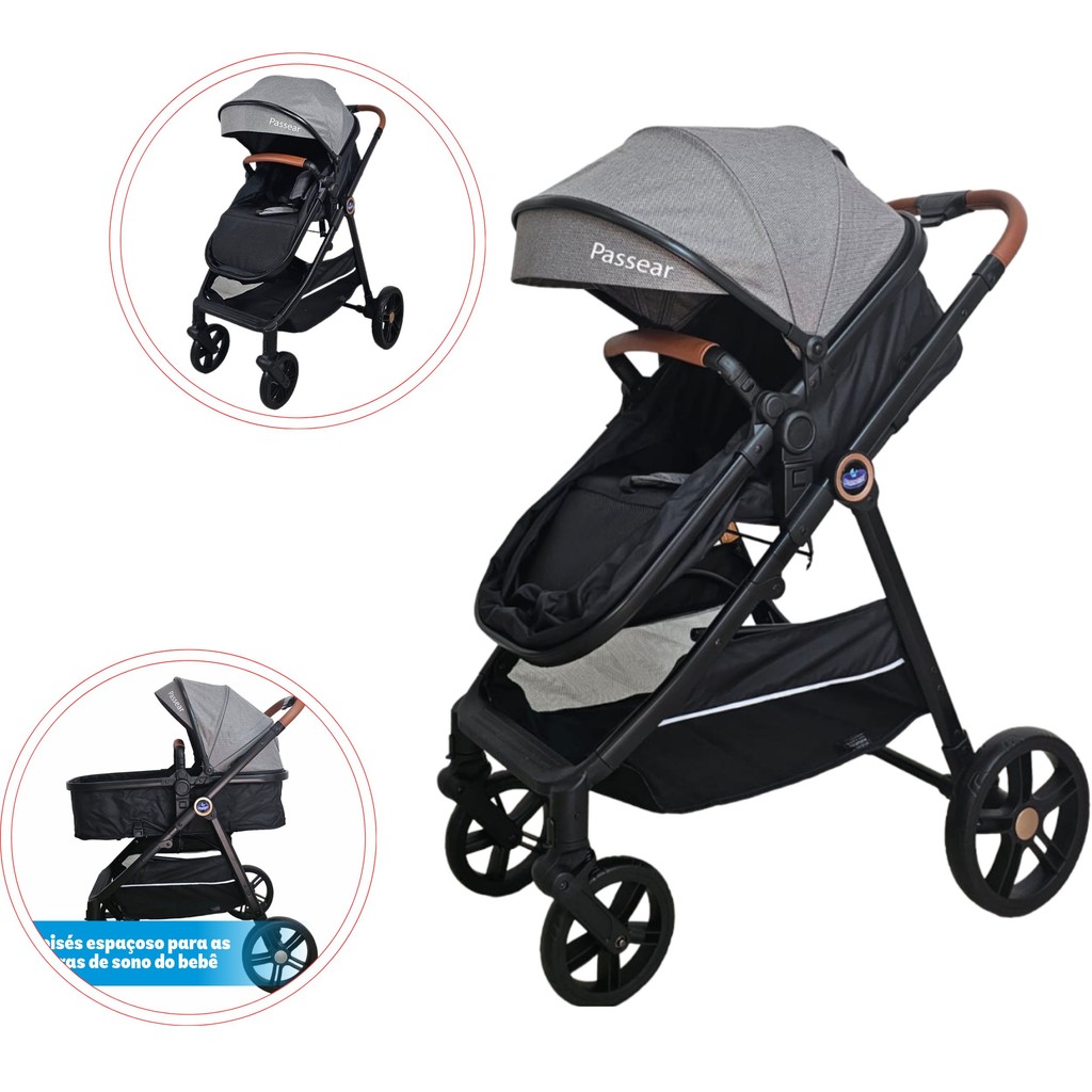 CARRINHO DE BEBÊ 3 EM 1 PASSEAR APOLO MOISÉS REVERSÍVEL CAPOTA RETRÁTIL  PRETO C/ CINZA ATÉ 15 KG