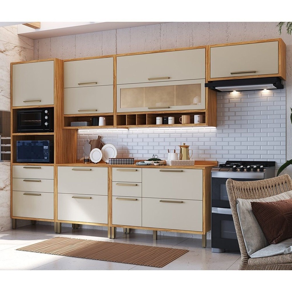 Cozinha Completa 100% Mdf 6 Peças 10 Portas 6 Gavetas e Vidro 354cm Vicenza Espresso Móveis Amêndoa/Off White