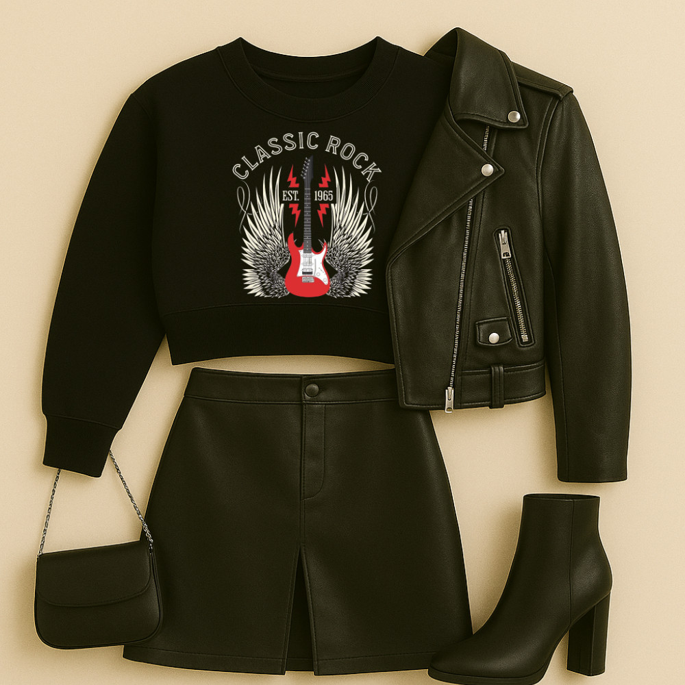 Cropped Moletom Rock Estampa Classic Rock 040 Moda Feminina Rock Roqueiro Look Show Festa Festival