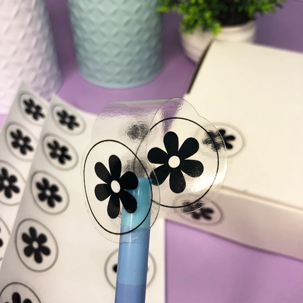 Etiqueta Adesiva Lacre Transparente Flor, Lacre de Sacola Caixa Embalagem Correios 3x8cm "Florzinha"