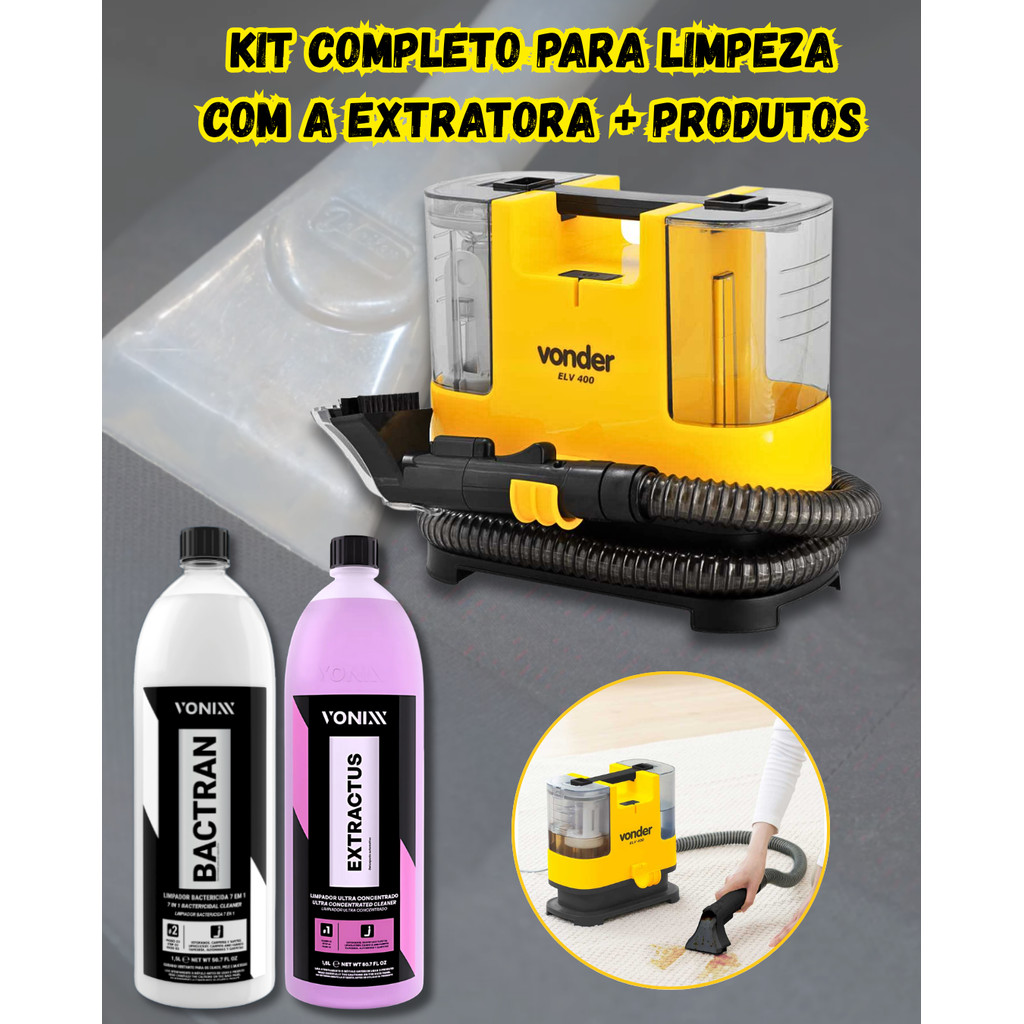 Kit Extratora ELV 400 Vonder+Produto Limpeza Extractus Bactran 1,5L Vonixx Estofados Sofás Carpetes