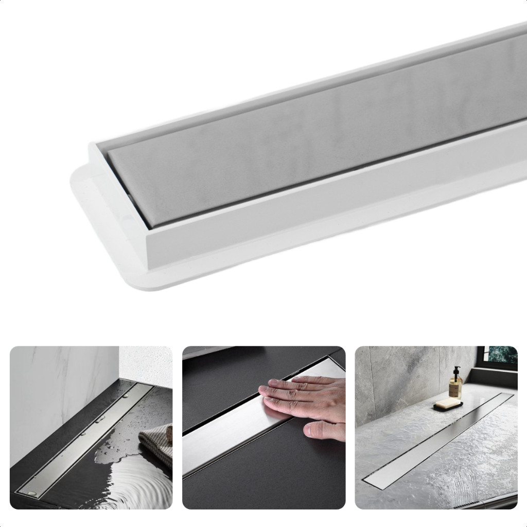 Ralo Linear Oculto Invisível 5x100 cm Sifonado em Inox com Caixa Coletora Jardim Banheiro Piscina