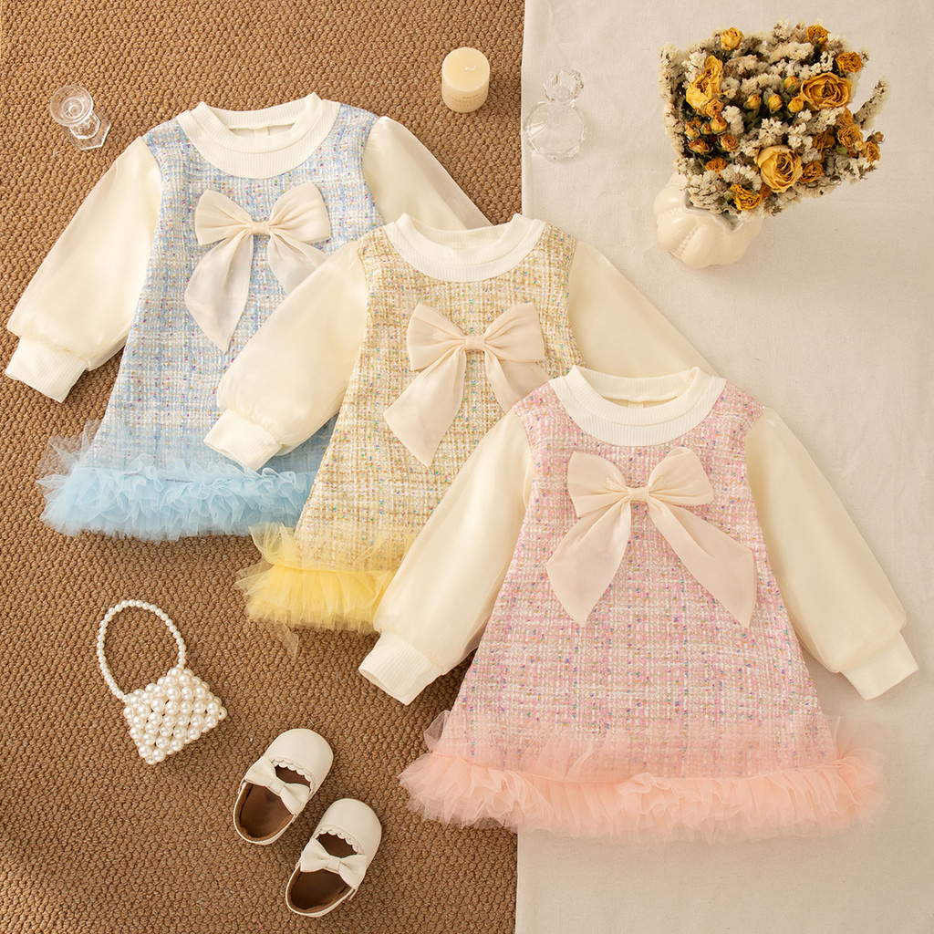 Vestido Xadrez Amarelo Para Menina Infantil De Princesa De Manga Comprida Roupas De Outono Bebês Meninas