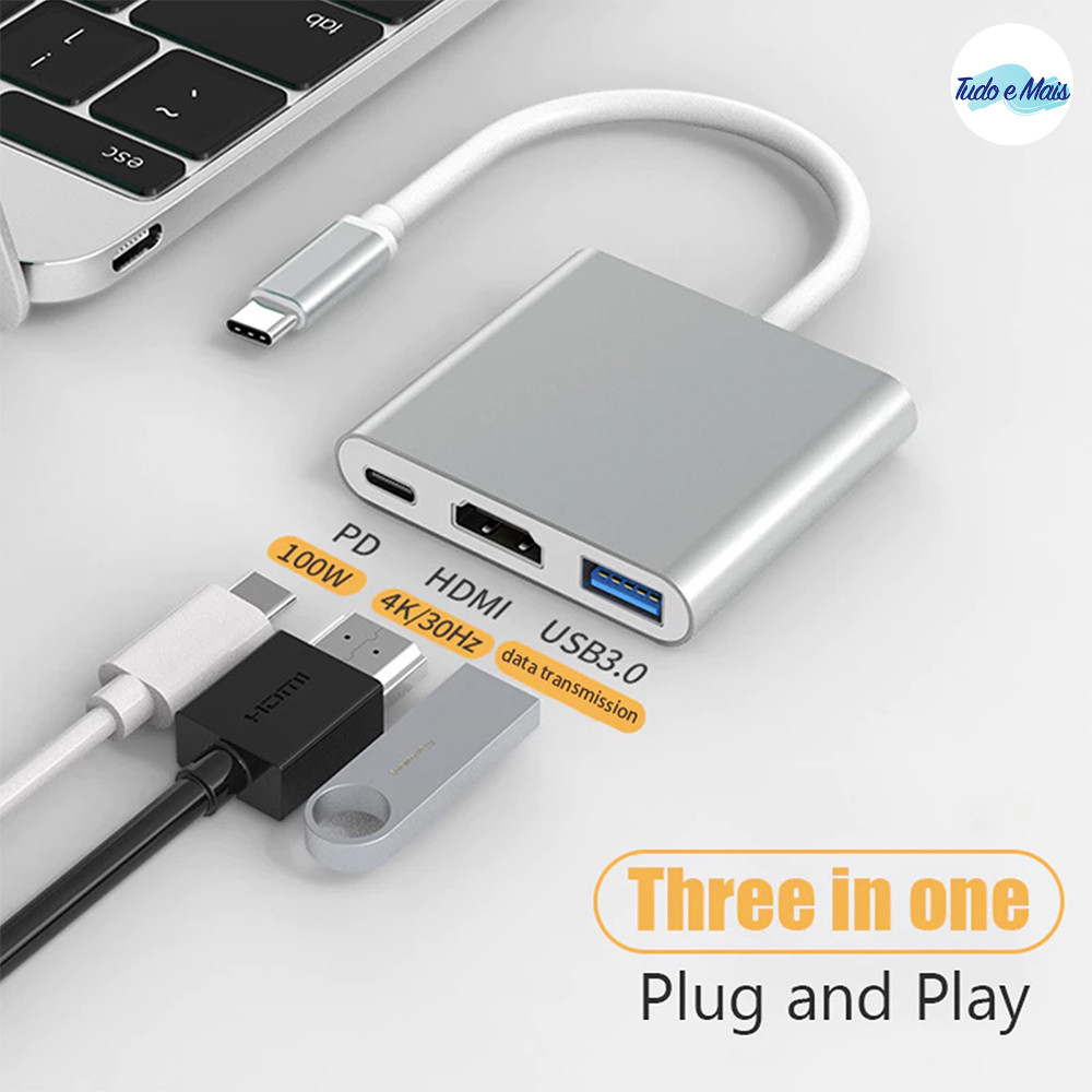 Hub 3 Em 1 Tipo-C Para HDMI E USB 3.0 , Adaptador 4K Com Revestimento De Alumínio