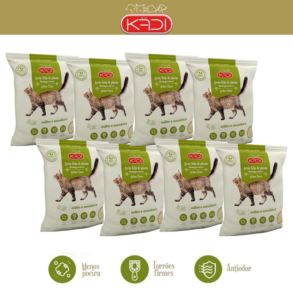 Kit 08 Sacos Areia Biodegradável Kadi Grãos Finos Gatos KIT TOTAL16KG Milho e Mandioca - Pets