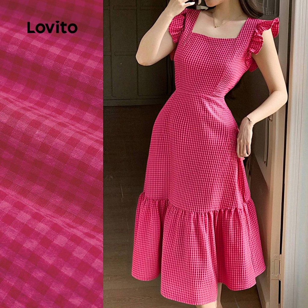 Lovito Vestido Elegante com Laço Nas Costas e Babados Na Barra Primavera/verão Vermelho Rosado L137LD144 - Women Clothes