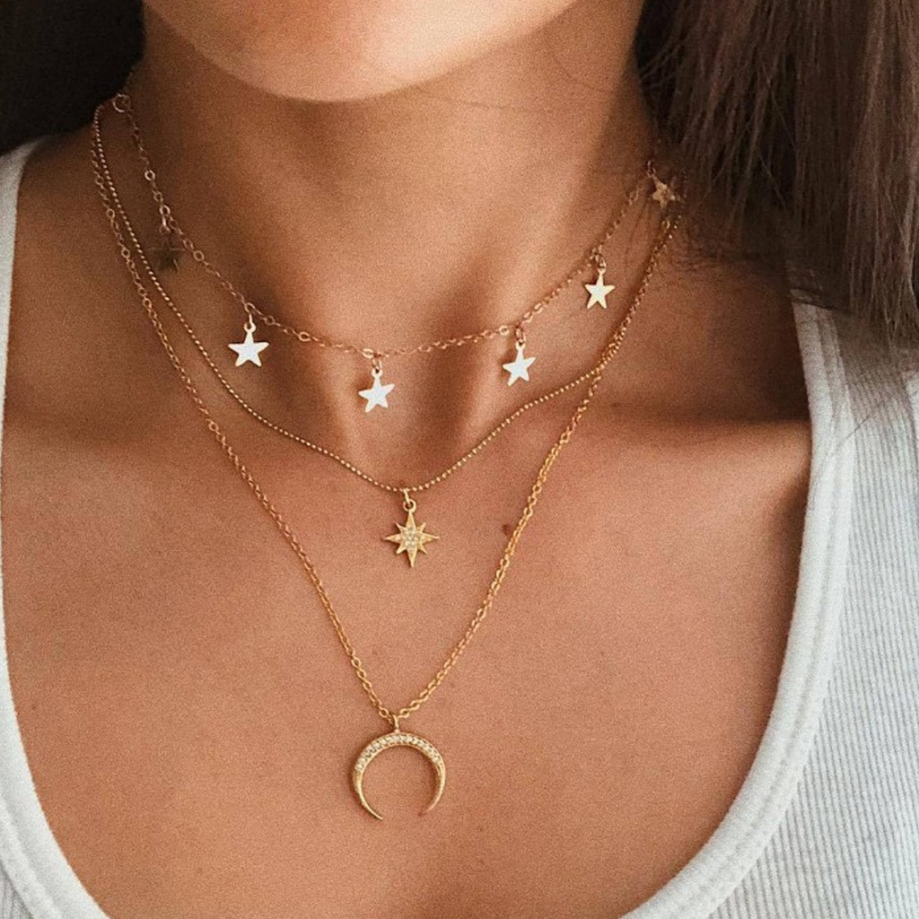 Estrela Crescente Colar 3 Camadas Clavícula Corrente Retro Minimalista Jóias Feminino Festa Diária