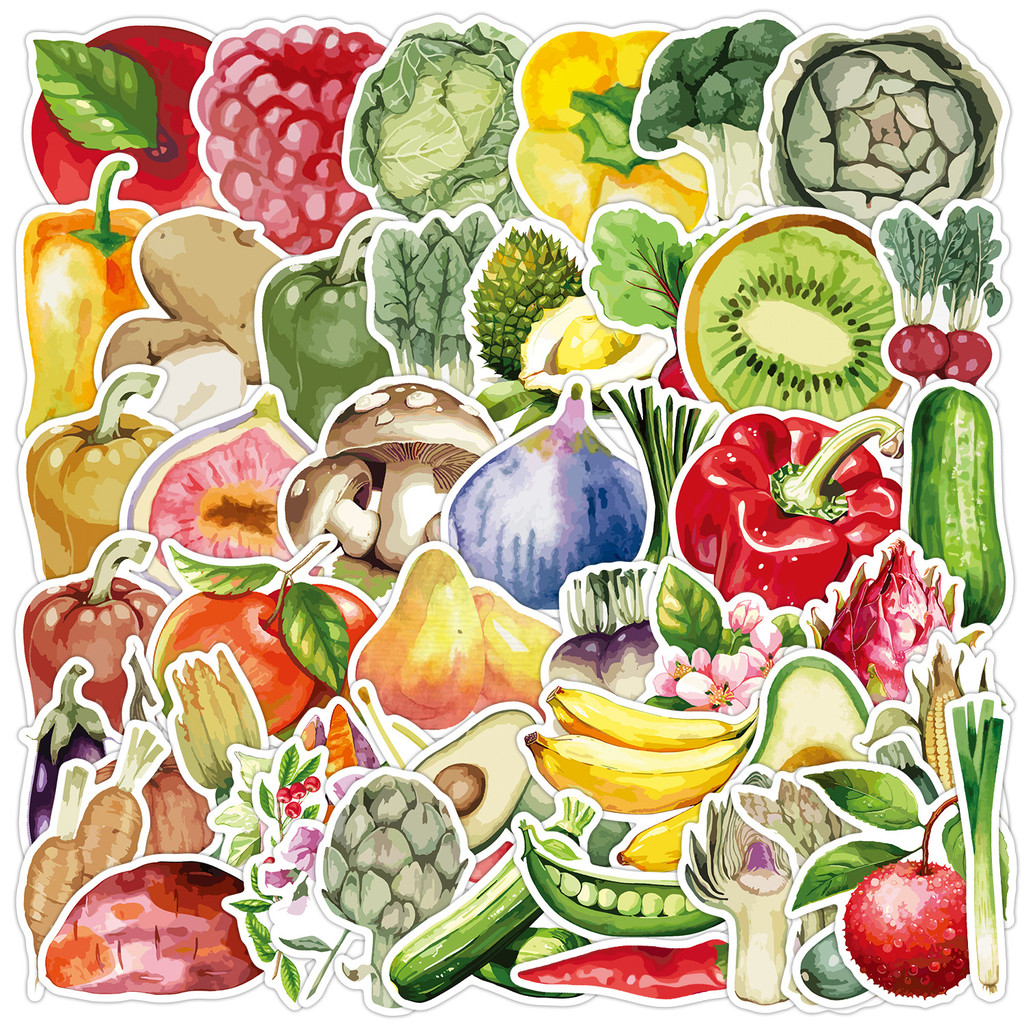 50 Peças Novos Adesivos Aquarela Frutas E Vegetais Graffiti-Decoração À Prova D'água Para Copo De Água , Computador , Te
