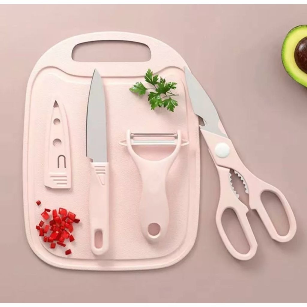 Kit Utensílios Cozinha 4 Peças Faca Inox Tesoura Multifuncional Descascador Tábua Cozinha Casa