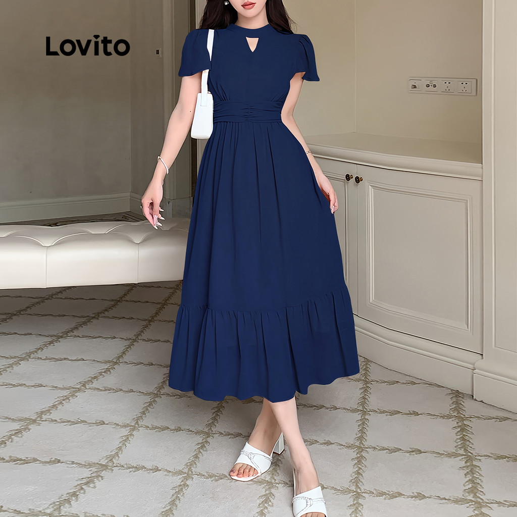 (Trendy) Lovito Vestido Elegante de Estrutura com Pregas e Zíper Primavera/verão Vestido Azul Escuro L138ED337 em Oferta na Shopee