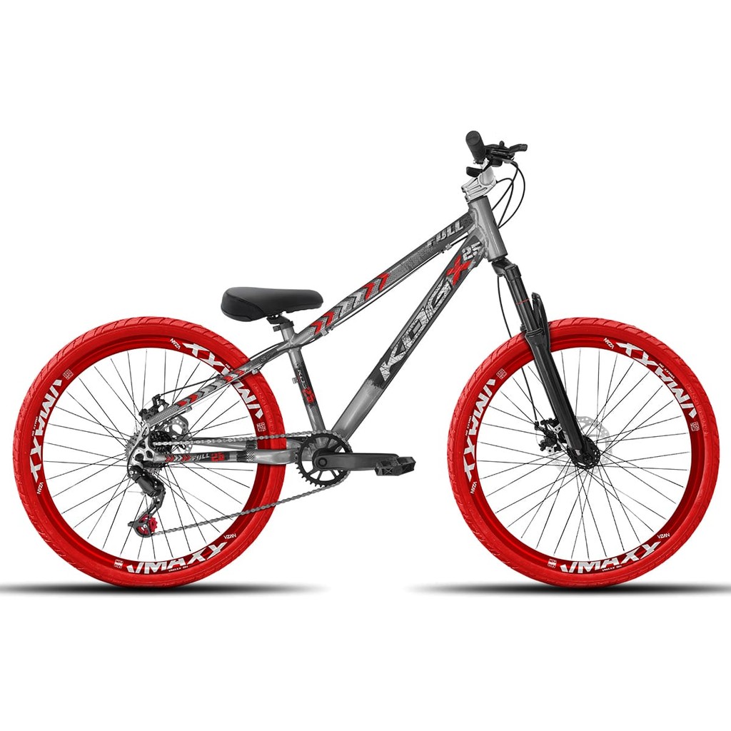 Bicicleta aro 26 KOG Freeride 1x7 Grafite com Vermelho Vmaxx Vermelho - Pneus Vermelho - Mesa Curta Prata - Guidão Prata