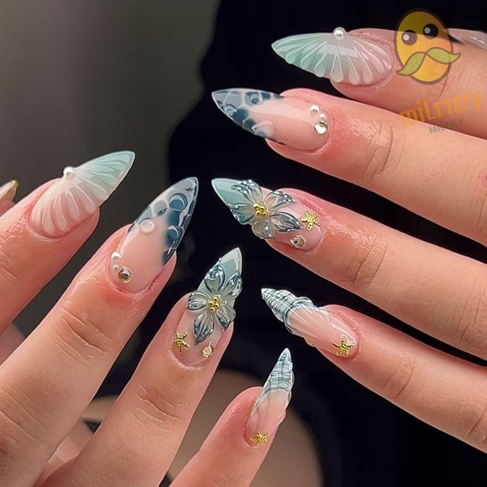 MILLNEY 24 Peças De Unhas Postiças , Flores Estrela Do Mar Azul Enevoado Retrô Falsos Nials , Pontas Destacáveis Frances em Oferta na Shopee