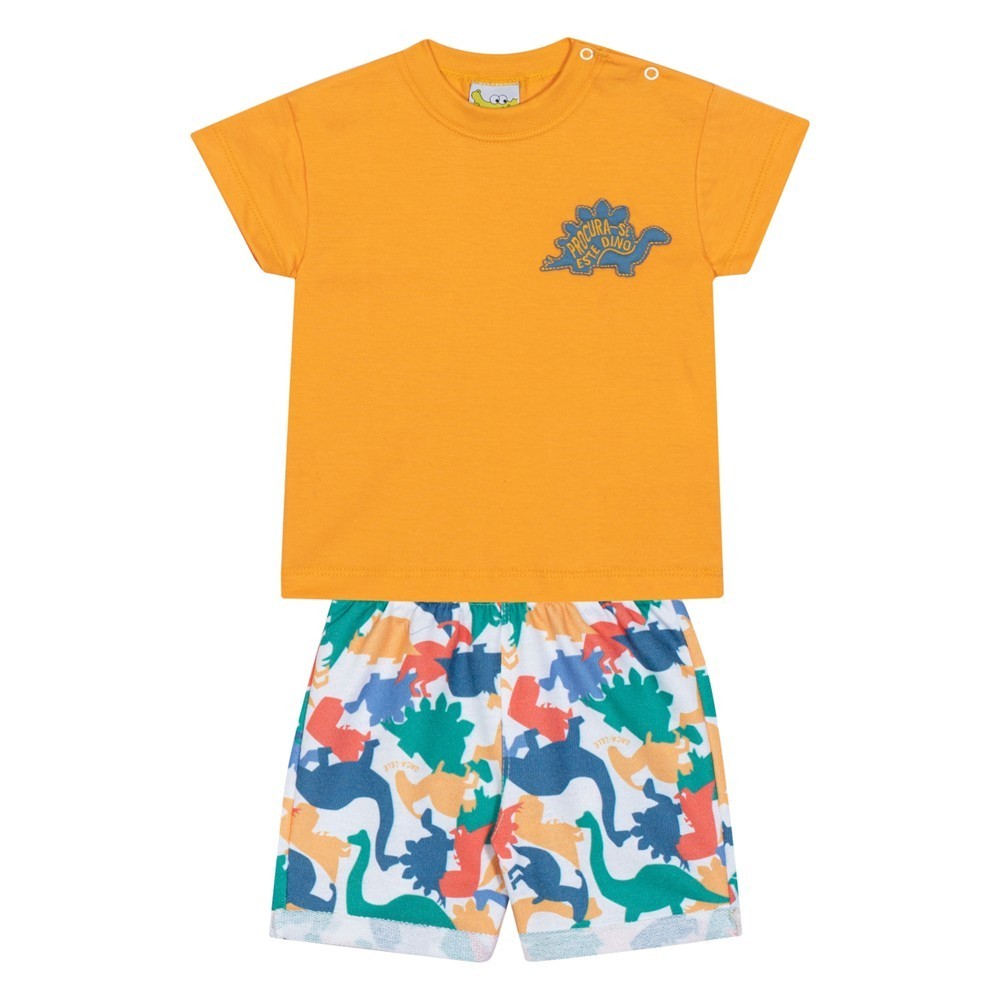 Conjunto Infantil Menino Jaca Lele Verão Dinossauro Camiseta Amarela e Bermuda Moletinho Estampada