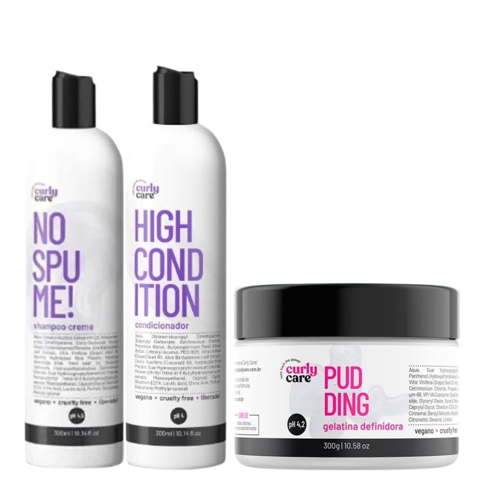Curly Care, Kit Creme Shampoo No Spume , Condicionador e Gelatina Pudding 3x300ml
