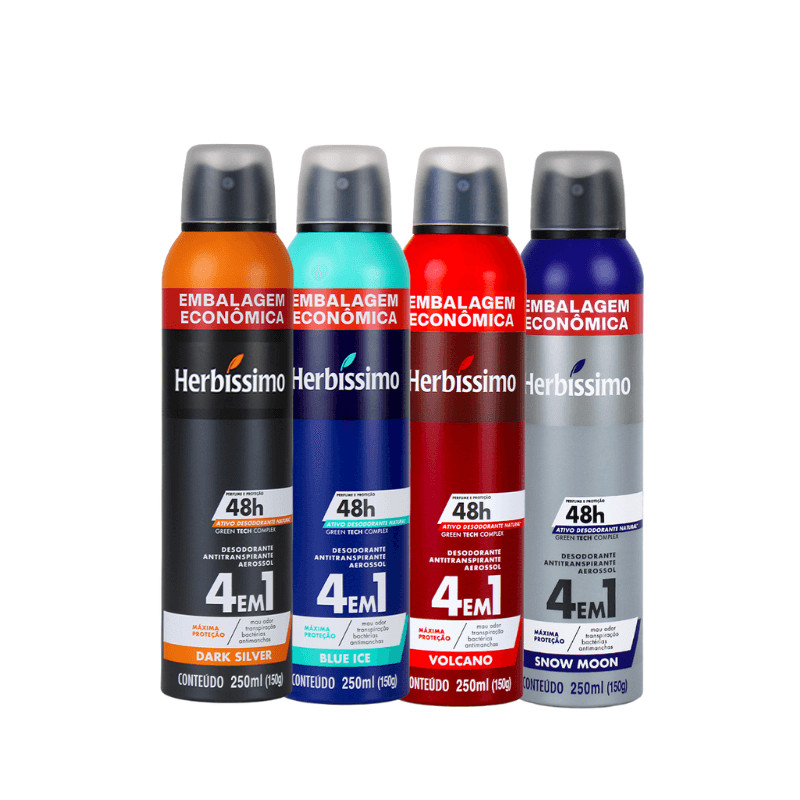 Kit 4 itens - Desodorante Aerosol Antitranspirante Herbíssimo Blue Ice + Snow Moon + Volcano + Dark Silver | Econômica