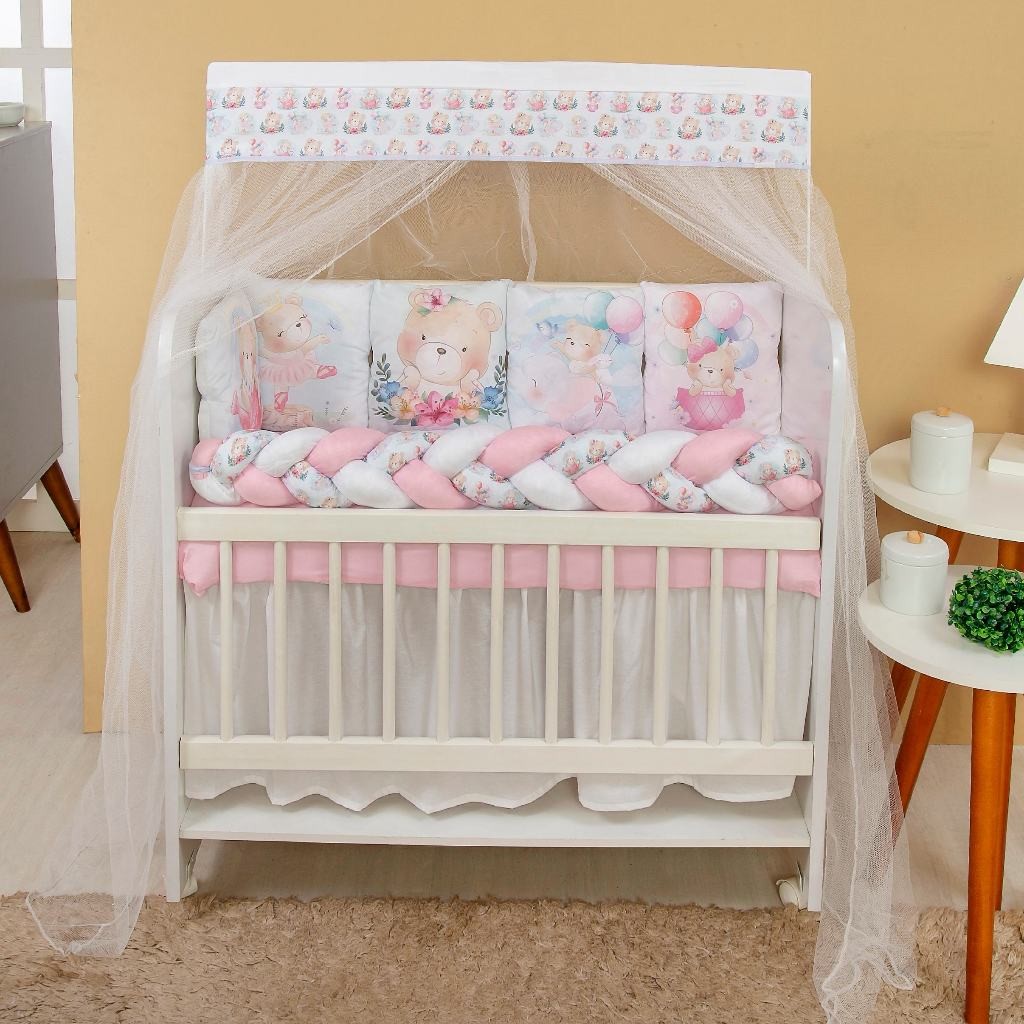 Kit Mini Berço com 12 peças + Saia de Berço Bebê Menina