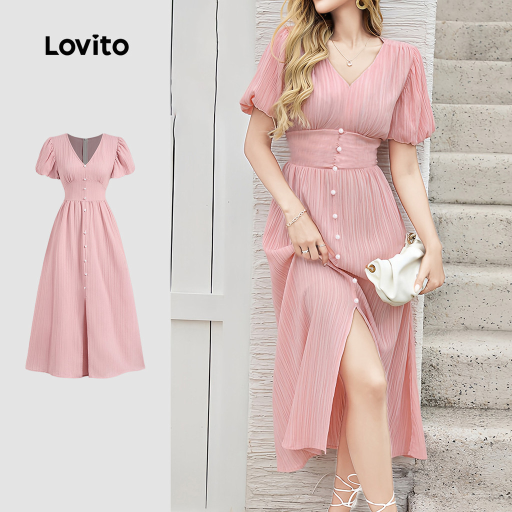 (New) Lovito Vestido Casual de Botão Franzido  Vestido Rosa para Primavera/verão para mulheres LBL27184