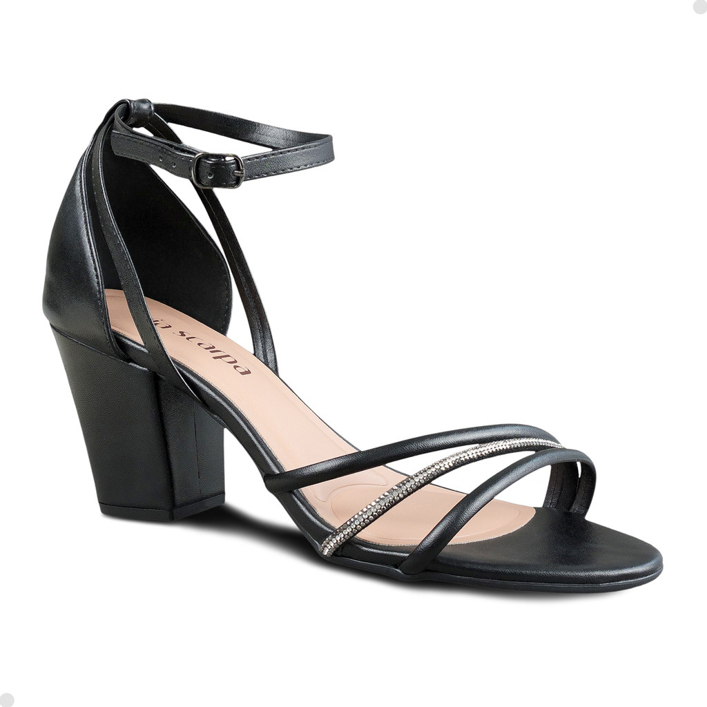 Sandália Salto Bloco Casual Brilho Macia Preto Nude Moda