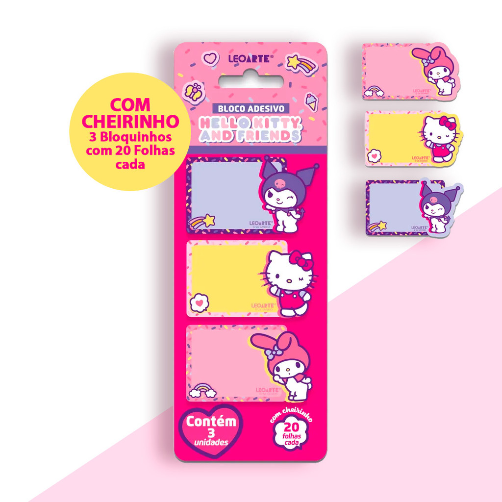 Kit 3 Blocos Adesivo Hello Kitty e Amigos c/ Aroma 20 Folhas Cada Leoarte em Oferta na Shopee