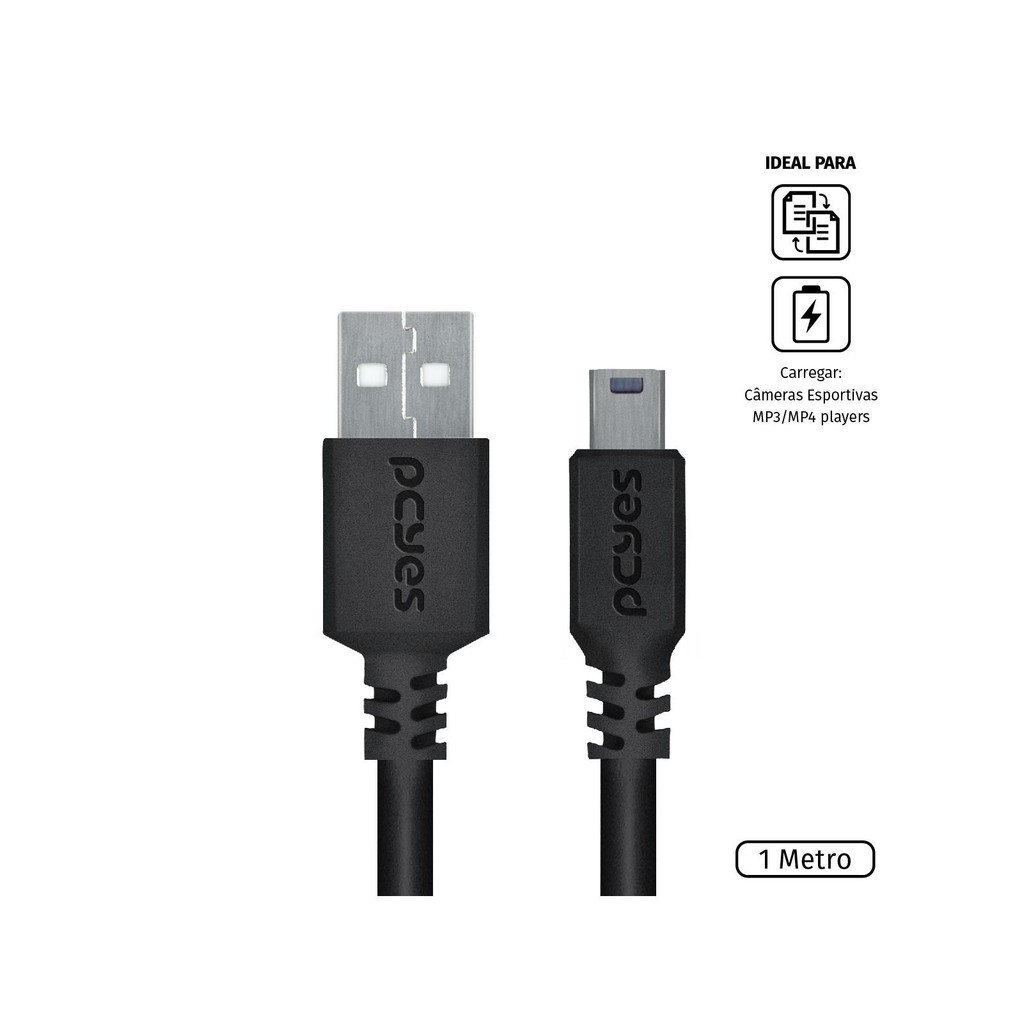 Cabo Usb A 2.0 Macho Para Mini Usb B Macho 28awg Puro Cobre 1 Metro - Puanm2-1