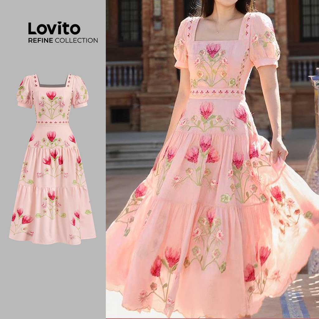 (Lovito Refine) Vestido Elegante em Camadas com Bloqueio de Cores para Primavera/verão para mulheres LR13L094 em Oferta na Shopee