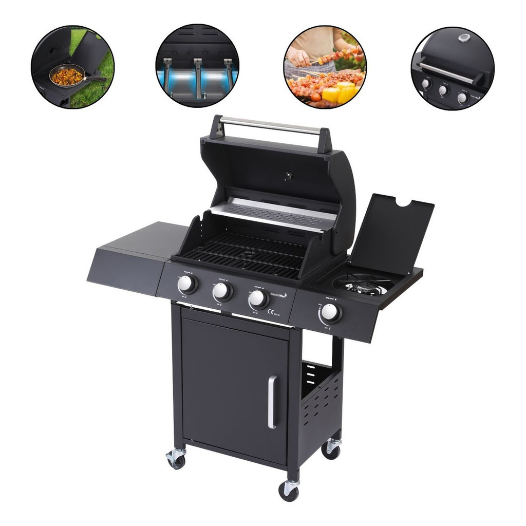 Churrasqueira A Gás 3 Queimadores 1 Chama Lateral Preta Bafo em Oferta na Shopee